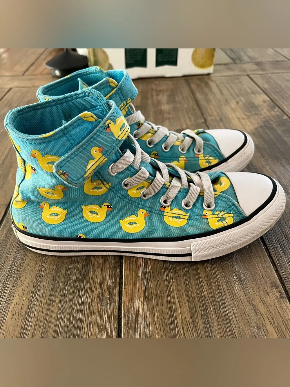 Converse Kids Youth High-Top Canvas Sneakers in Teal with Yellow Duck Print